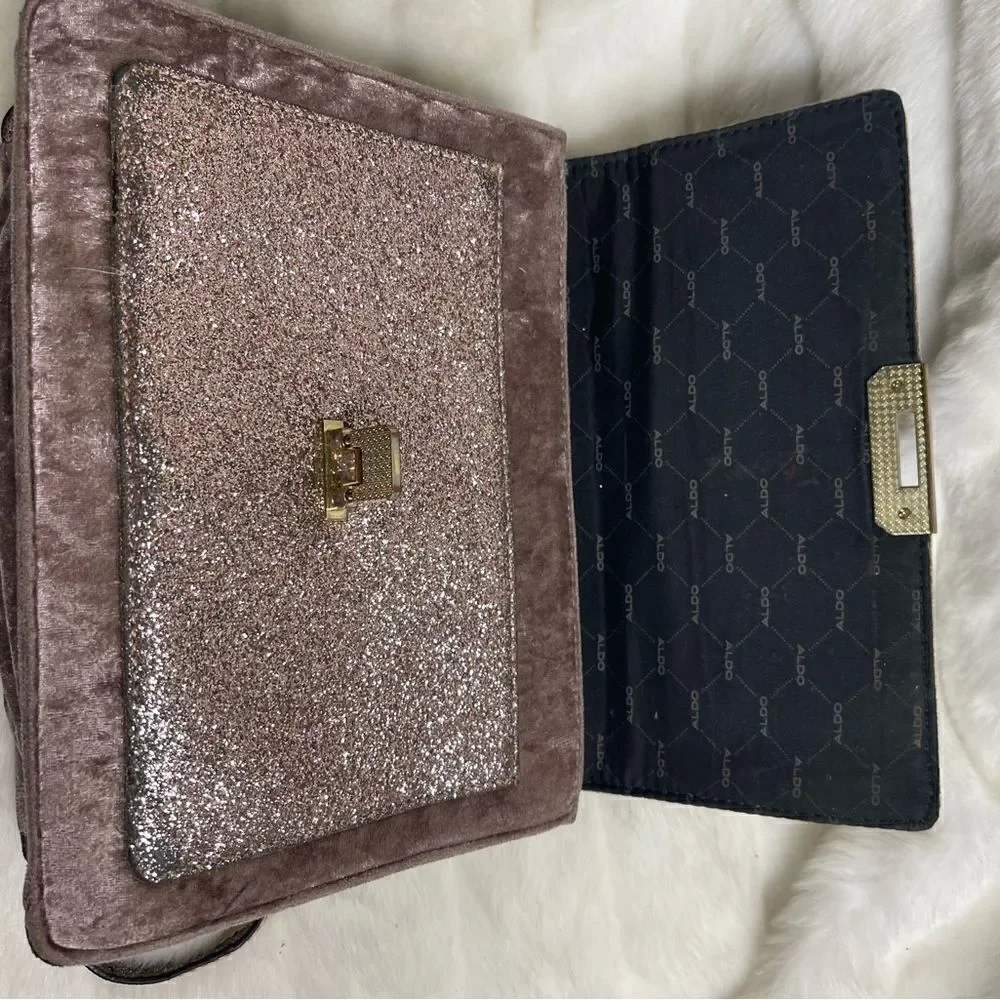 Aldo rose gold glitter &light brown velvet satchel/shoulder bag gold tone accent